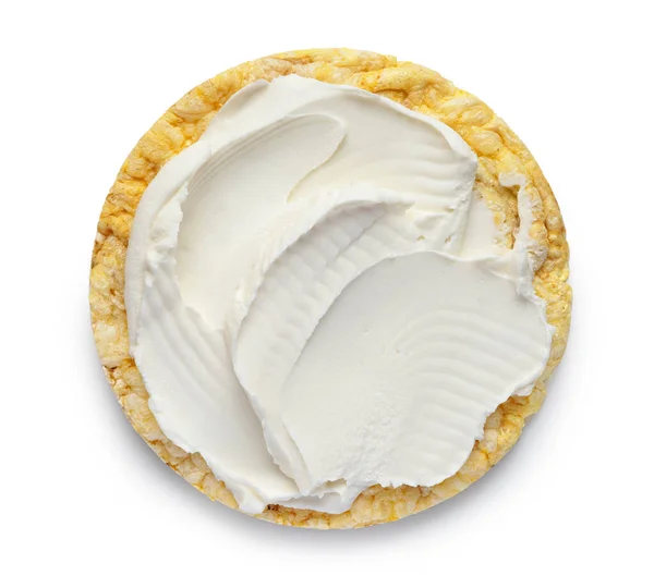 无麸质玉米蛋糕 奶油奶酪 用于健康早餐 背景为白色 顶部视图 — 图库照片