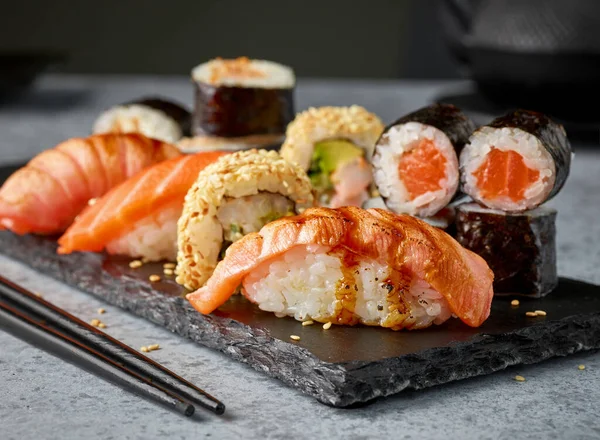 Plate Various Sushi Restaurant Table Selective Focus — Stock Photo, Image