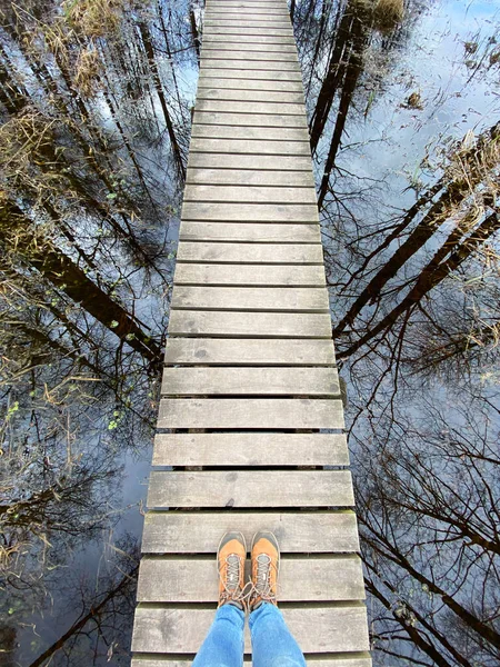 Uma Trilha Madeira Através Das Trilhas Naturais Lago Reflexões Árvores — Fotografia de Stock