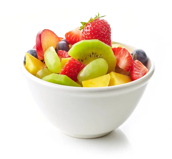 Kom Fruitsalade Vers Fruit Stukken Vijand Gezond Ontbijt Geïsoleerd Witte — Stockfoto