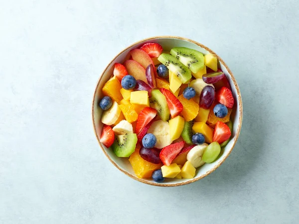 Bowl Colorful Fresh Fruit Salad Kitchen Table Top View — Φωτογραφία Αρχείου