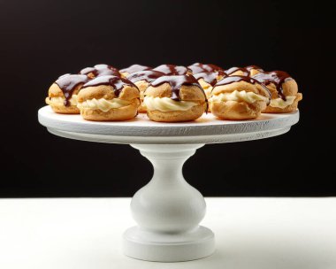 Beyaz ahşap pasta standında yeni pişmiş kremalı pasta.