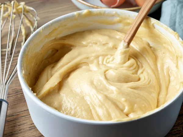 Process Making Custard Dough Eclairs Cream Puffs Egg Mixing Dough — Stock Photo, Image