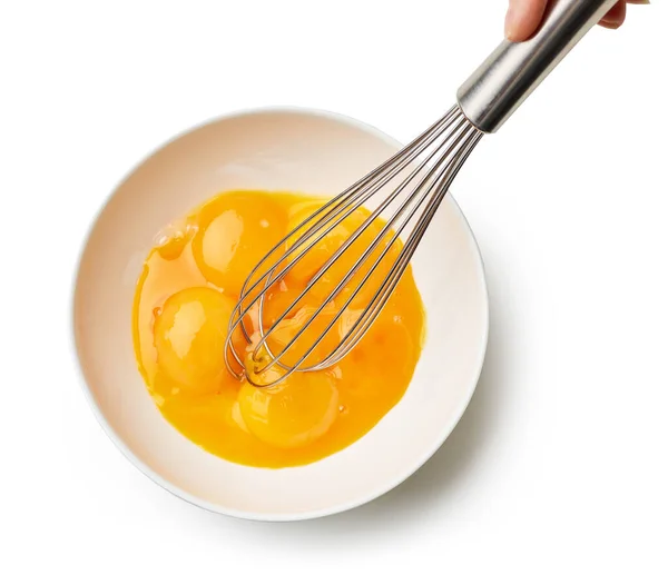 Bowl Egg Yolks Whisk Isolated White Background Top View Process — Stock Photo, Image