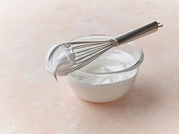 Bowl Whipped Egg Whites Pink Kitchen Table Top — Stock Photo, Image