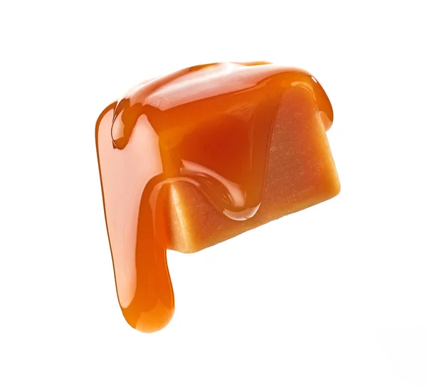 Caramel Sauce Flowing Levitating Caramel Candy Isolated White Background — Stock Photo, Image