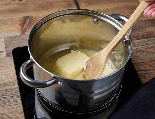 Water Salt Butter Pot Making Eclair Dough — Stock Photo, Image