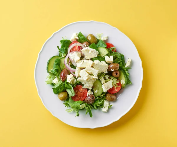 Plate Fresh Vegetable Greek Salad Fitaki Cheese Yellow Background Top — Stock Photo, Image