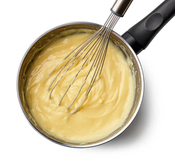 Process Making Custard Cream Ingredients Pot Mixing Whisk Top View — Stock Photo, Image