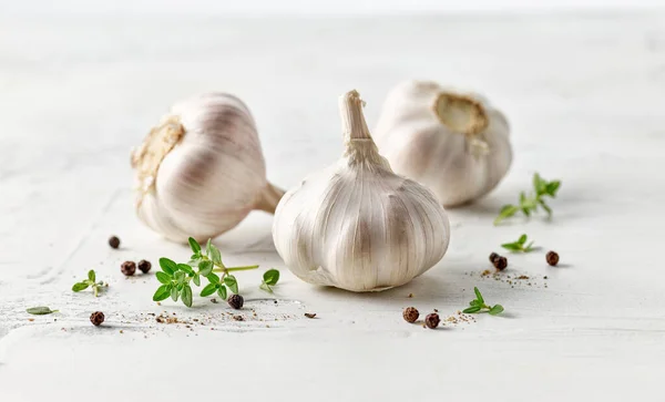Composition Garlic Spices White Kitchen Table — Stock Photo, Image