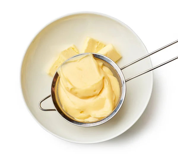 Puddingcreme Ein Sieb Geben Chef Fügt Puddingcreme Butter Einer Schüssel — Stockfoto