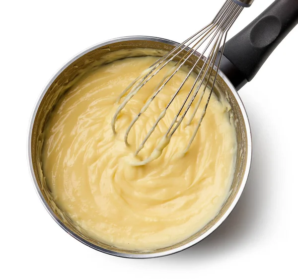 Process Making Custard Cream Ingredients Pot Mixing Whisk Top View — Stock Photo, Image