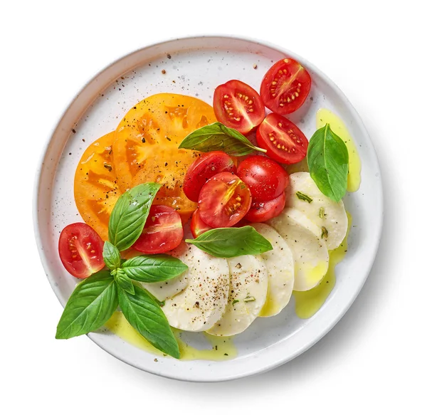 Prato Salada Tomate Mussarela Isolado Fundo Branco Vista Superior — Fotografia de Stock