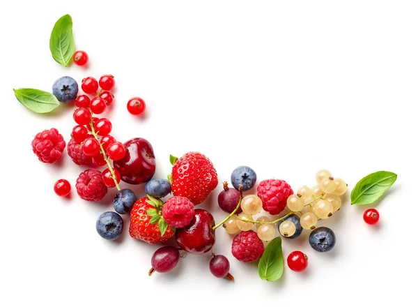 Composition Fresh Berries Green Leaves Isolated White Background Top View — Stock Photo, Image