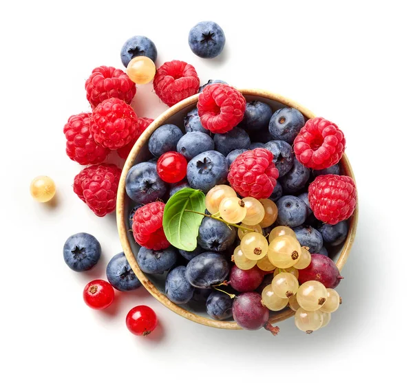 Bowl Various Fresh Berries Isolated White Background Top View — Stock Photo, Image