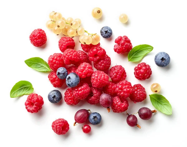 Composition Fresh Berries Green Leaves Isolated White Background Top View — Stock Photo, Image