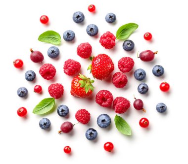 Beyaz arka planda izole edilmiş taze böğürtlen ve yeşil yaprakların bileşimi, üst görünüm