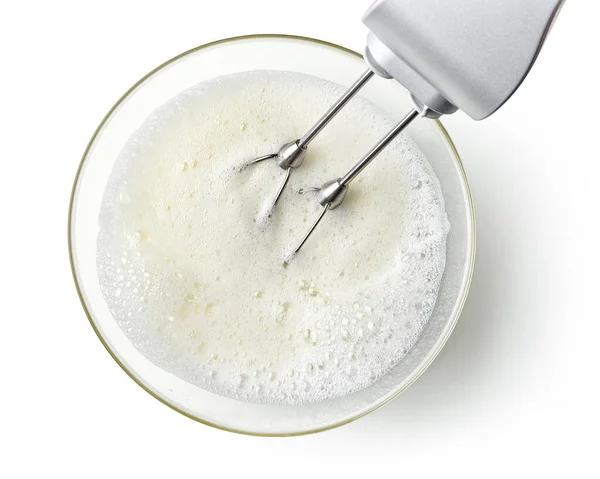 Beating Egg Whites Cream Mixer Bowl Isolated White Background Top — Stock Photo, Image