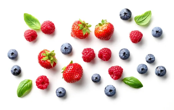 Composition Fresh Berries Green Leaves Isolated White Background Top View — Stock Photo, Image