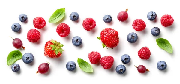 Flache Lagekomposition Aus Frischen Beeren Und Grünen Blättern Isoliert Auf — Stockfoto