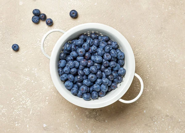 Fresh Blueberries White Metal Sieve Beige Color Kitchen Table Top — Stock Photo, Image