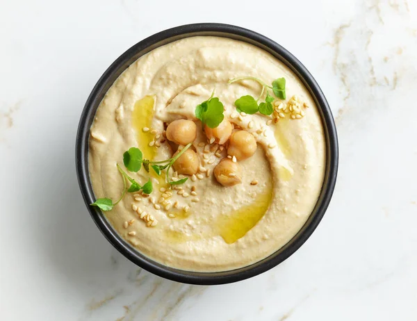 Ciotola Hummus Sfondo Tavolo Cucina Luce Vista Dall Alto — Foto Stock