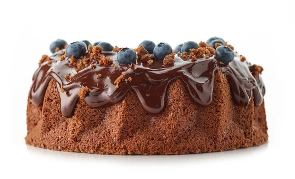 Свіжоспечений Шоколадний Торт Прикрашений Розтопленим Шоколадним Соусом Свіжою Чорницею Ізольовані — стокове фото