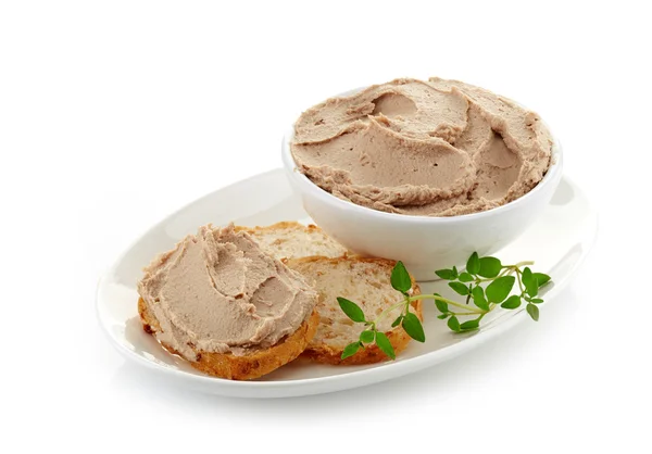 Bowl of liver pate and bread — Stock Photo, Image