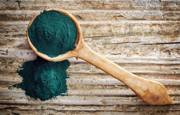 Spoon of spirulina algae powder — Stock Photo, Image