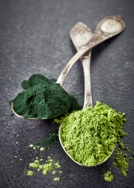 Two spoons of spirulina algae and wheat sprouts powder — Stock Photo, Image