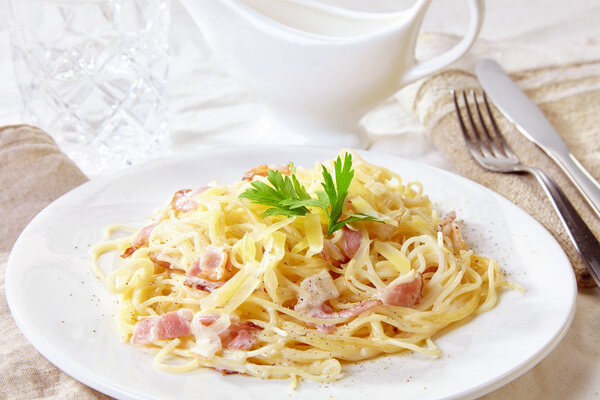 pasta carbonara on white plate