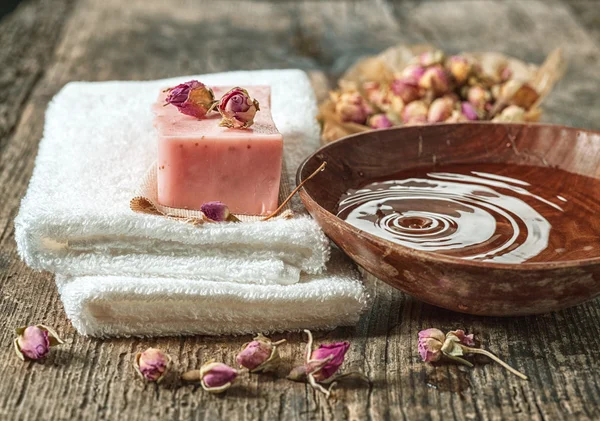 Still life with spa towels and natural soap — Stok fotoğraf