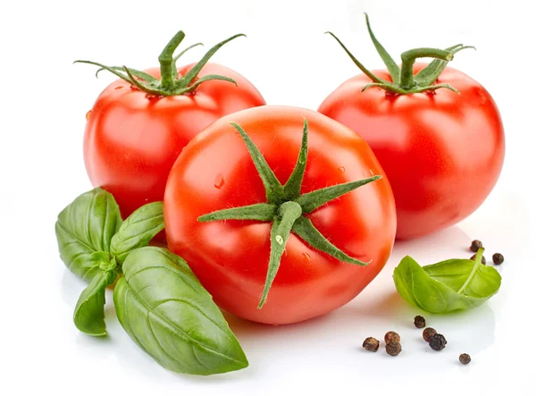 Свежие помидоры и листья базилика — стоковое фото
