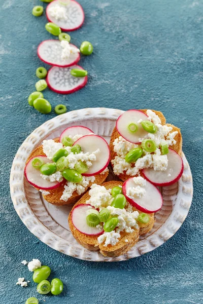 Toasted bread with radish and cottage cheese — Stock Photo, Image