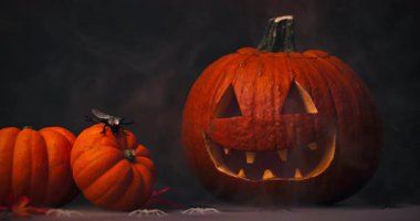 Siyah arka planda parlayan kırmızı gözlü ve dumanlı ürkütücü Cadılar Bayramı Balkabağı