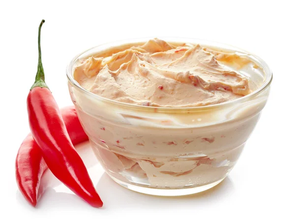 Cream cheese with chili and tomato — Stock Photo, Image