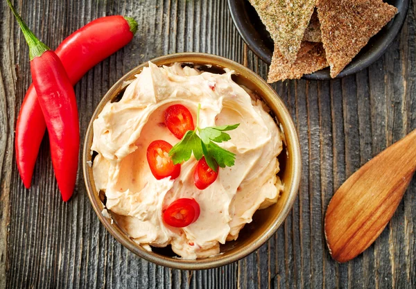 Cream cheese with chili and tomato, dip sauce — Stock Photo, Image