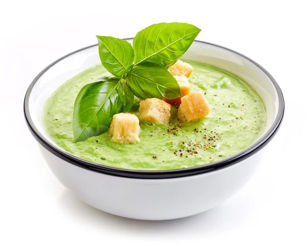 Bowl of broccoli and green peas cream soup — Stock Photo, Image