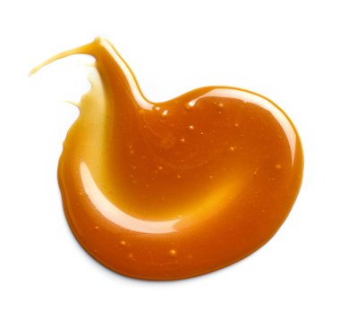 Beyaz arkaplanda izole edilmiş karamel sosu, üst görünüm