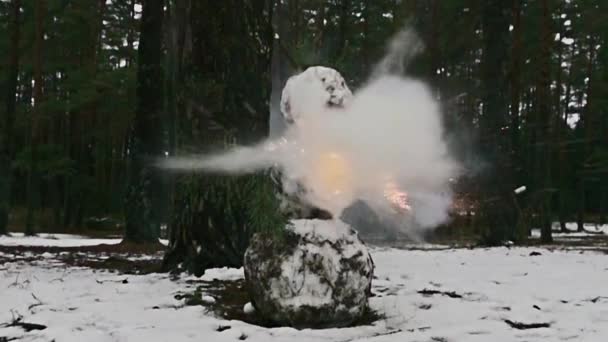 Snowman, firecrackers explode in slow motion 1000 fps — Stock Video