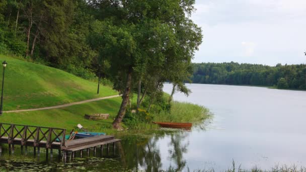 Krásná Letní Krajina Jezerem Lodí Zelení — Stock video