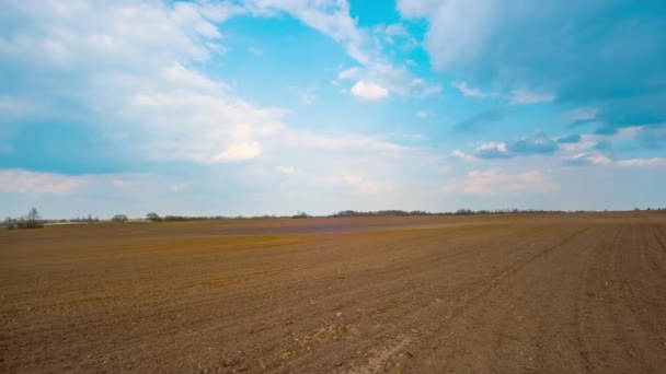 Voorjaar geploegd veld, panoramisch time-lapse — Stockvideo