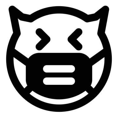 Şeytan şaşı gözlerle gülüyor. Yüz maskesi takıyor.