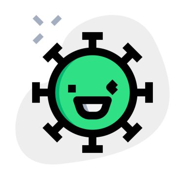 Bir koronavirüsün göz kırpan yüz ifadesiyle sırıtarak.