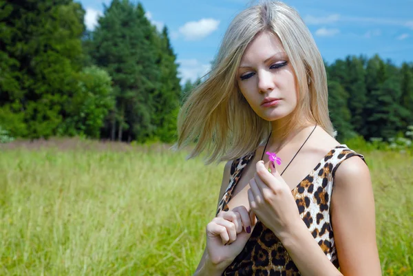 A menina pensativa com uma flor de campo no dia de verão — Fotografia de Stock