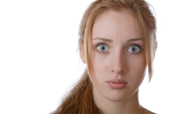 Fille avec les yeux bombés avec surprise sur un fond blanc Images De Stock Libres De Droits