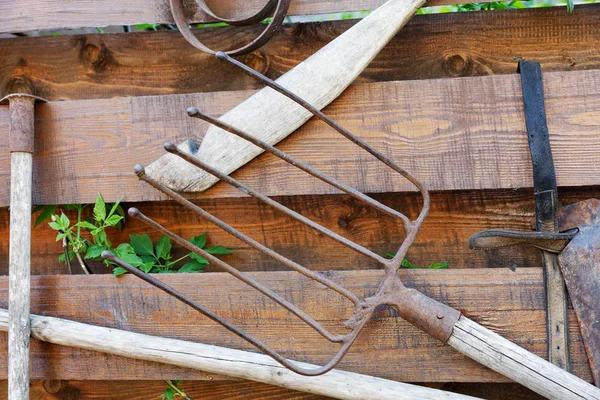 Old garden tools on a wooden fence — Stock Photo, Image