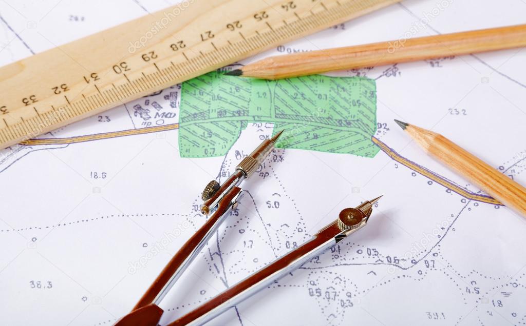 Topographic map of district with measuring instrument and rule Stock ...