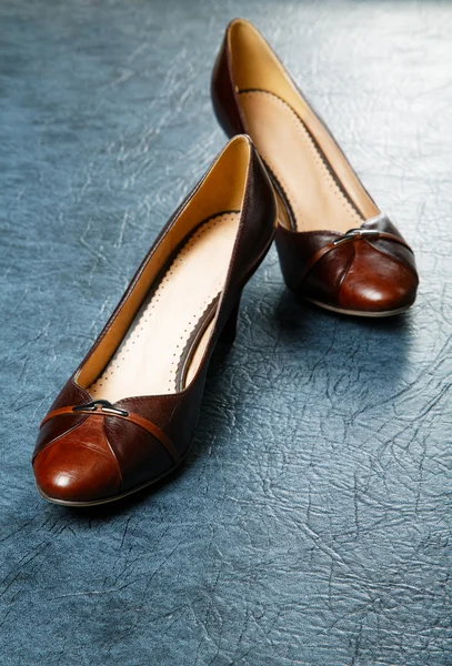 Sapatos femininos marrons contra de um couro — Fotografia de Stock