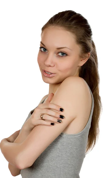 Sonriente chica aislada sobre un fondo blanco — Foto de Stock